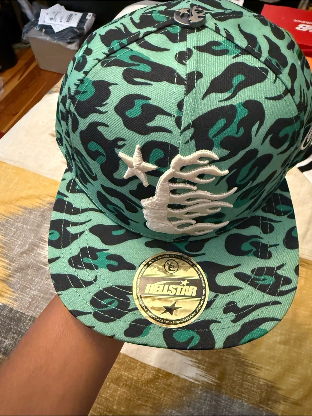 Hellstar Mint Green Camo Snapback Hat with Embroidered Flame Size 7 1/2